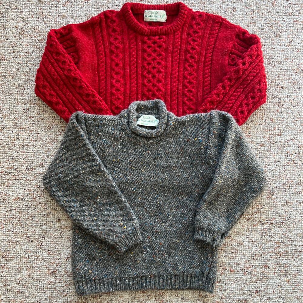 Vintage Quill's Woollen Market Ireland Kids Wool Sweater Bundle Lot 2 Cable Knit